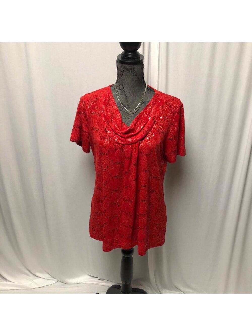 White Stag Top Womens M 8-10 Red Silver Stretch Short Sleeve Patriotic Festive